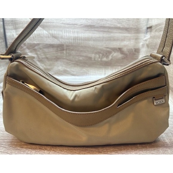 Tumi Handbags - Tumi Ballistic Nylon w/Leather Trim Purse Bag Tan w/Blue Lining